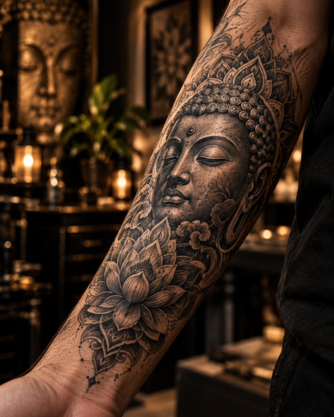 Buddha en lotus tattoo op een onderarm